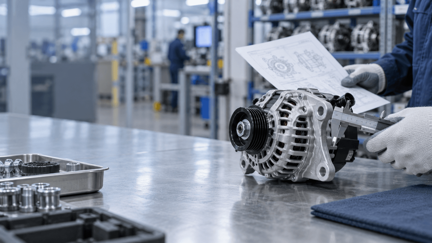 New automotive alternator undergoing fitment inspection with calipers at a factory quality-control bench