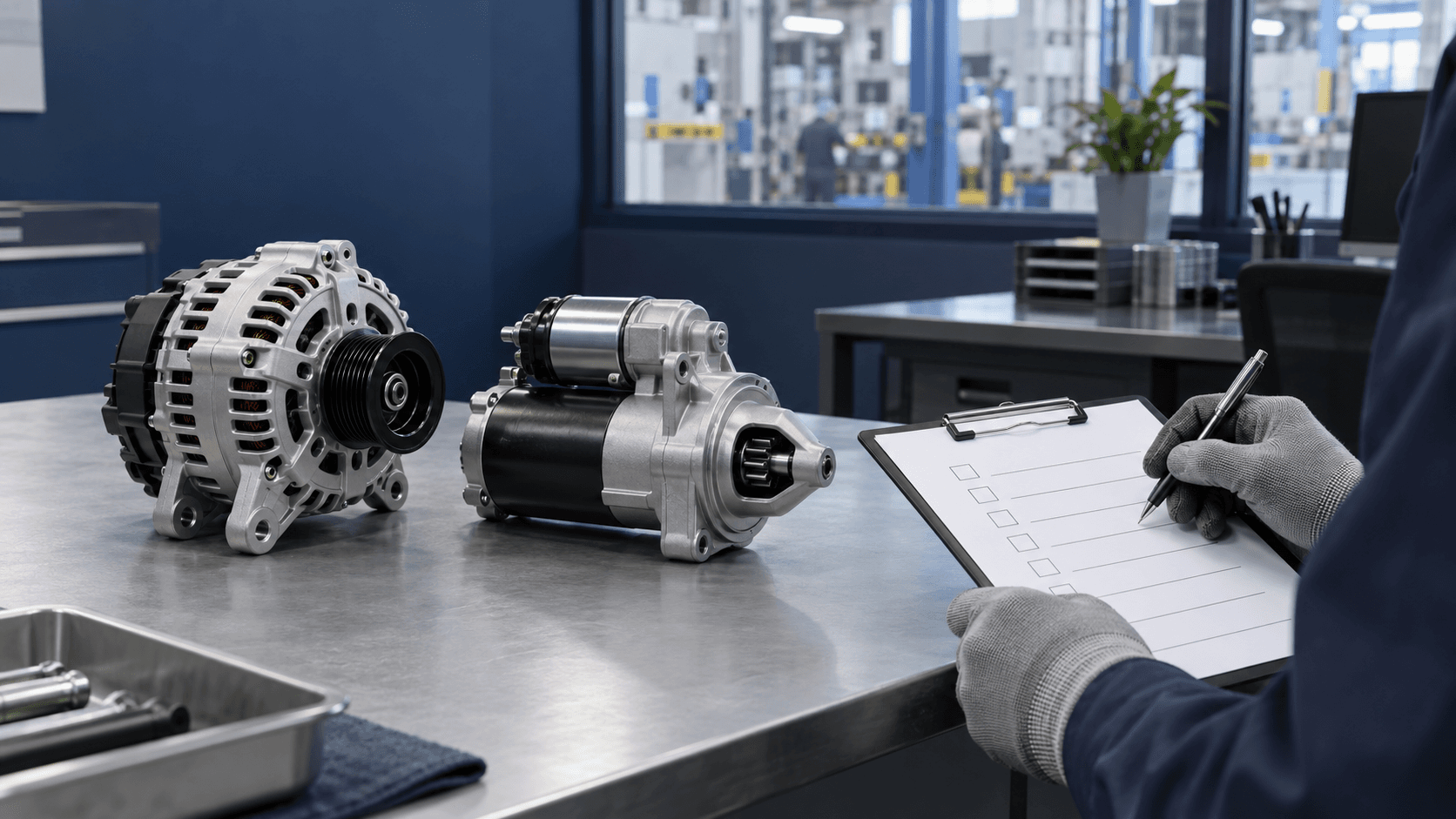 New alternator and starter motor reviewed beside a procurement checklist in a quality office