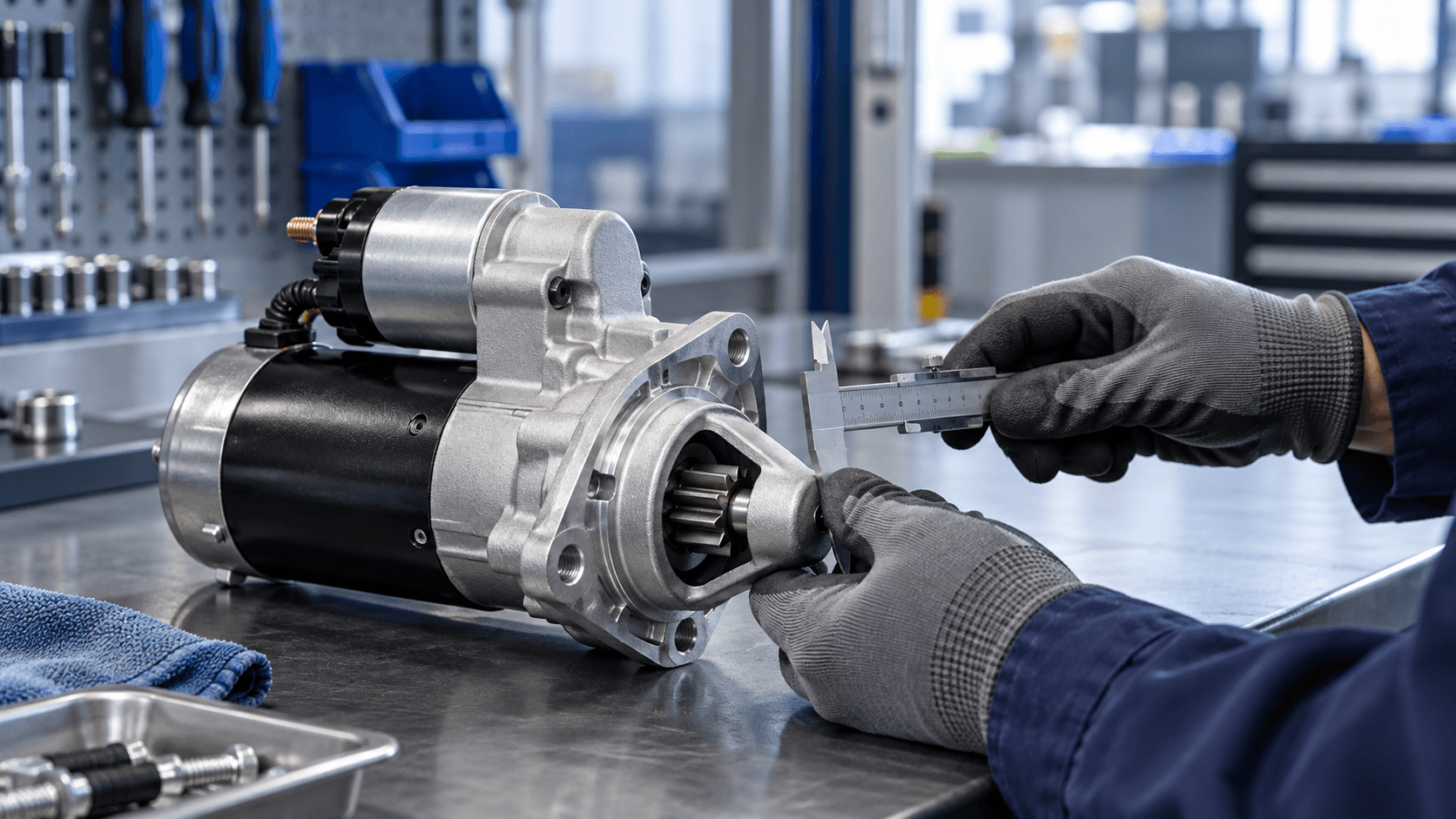 New automotive starter motor with pinion gear and mounting flange being inspected at a workbench